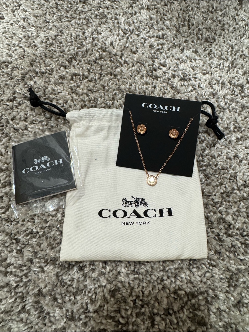 COACH Rose Gold-tone Pendant Necklace with Matching Stud Earrings